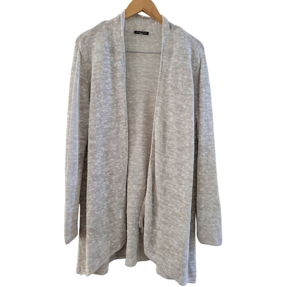 Eileen Fisher Beige Organic Linen blend Cardigan front size Large coastal Flaw